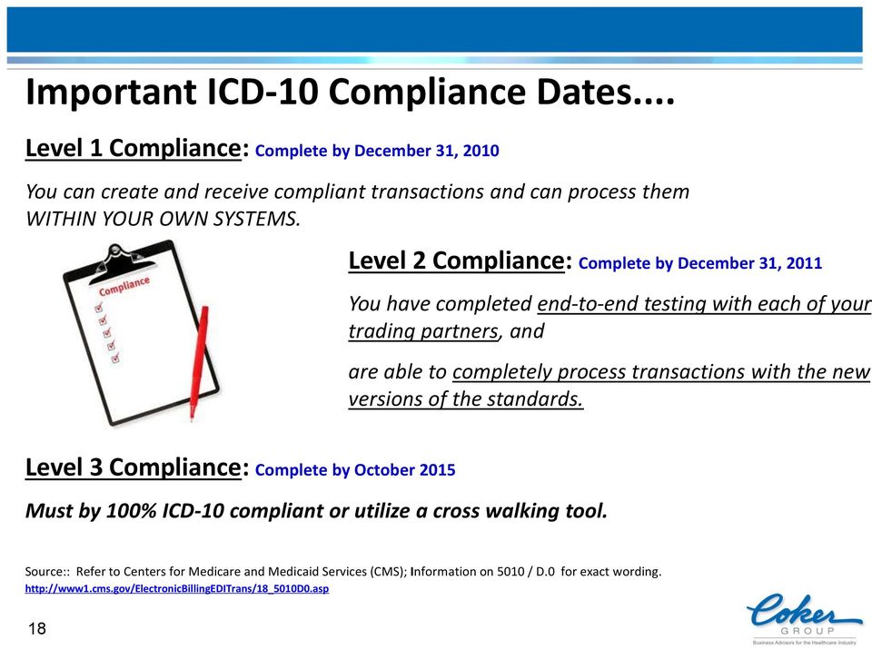 Level 2 Compliance: Complete by December 31, 2011 You have completed end-to-end testing with each of your trading partners, and are able to completely process