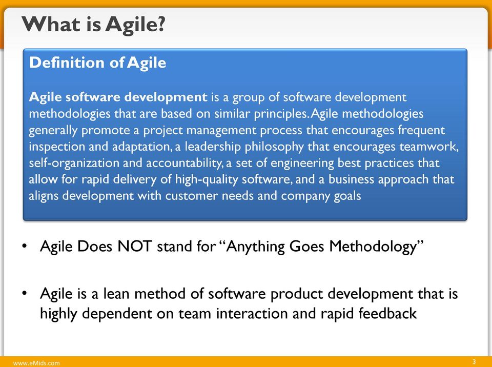 self-organization and accountability, a set of engineering best practices that allow for rapid delivery of high-quality software, and a business approach that aligns development
