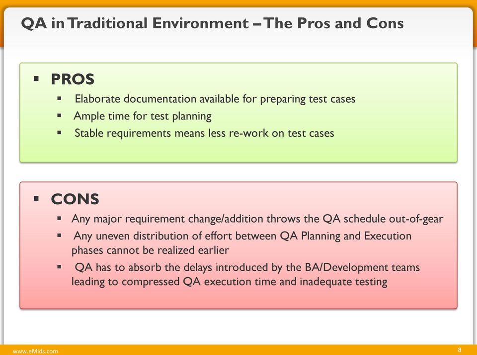 schedule out-of-gear Any uneven distribution of effort between QA Planning and Execution phases cannot be realized earlier QA has