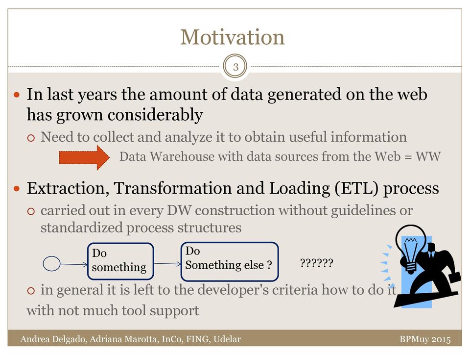 Loading (ETL) process carried out in every DW construction without guidelines or standardized process structures Do