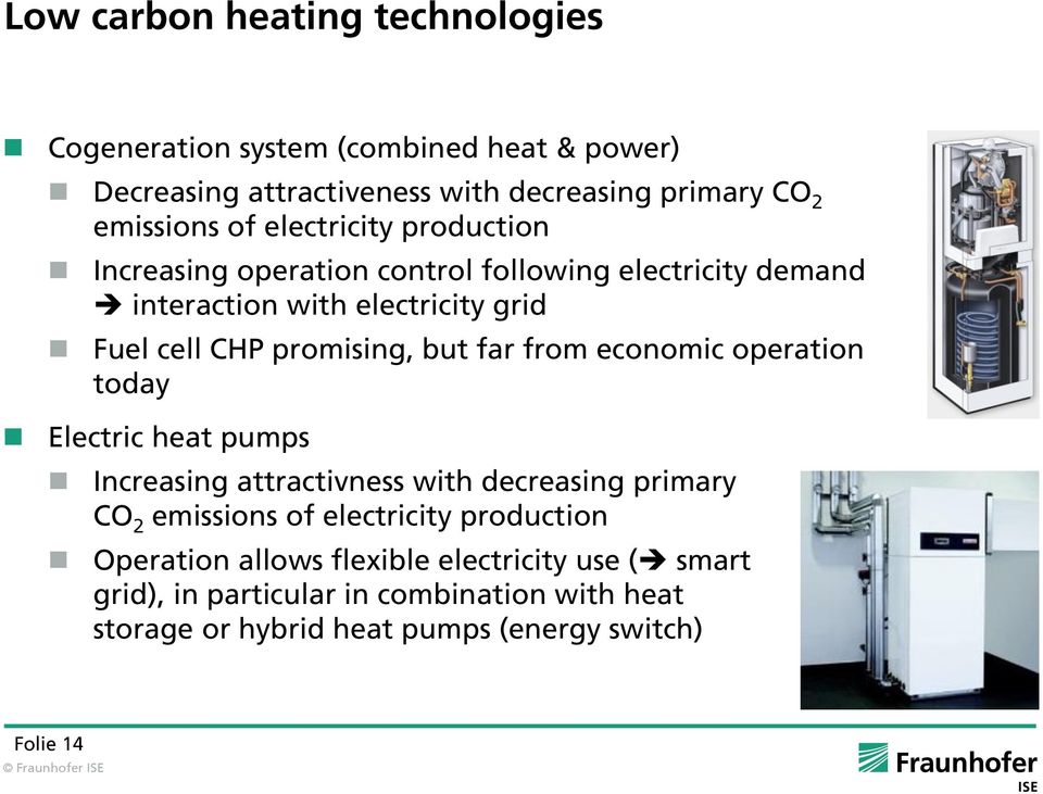 far from economic operation today Electric heat pumps Increasing attractivness with decreasing primary CO 2 emissions of electricity production
