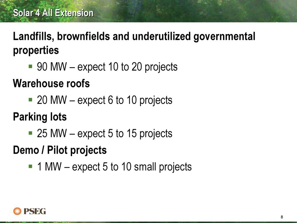 roofs 20 MW expect 6 to 10 projects Parking lots 25 MW expect 5 to