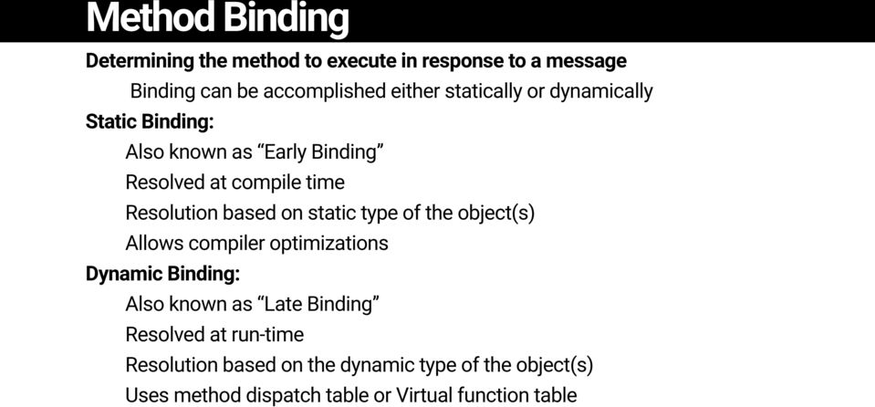 on static type of the object(s) Allows compiler optimizations Dynamic Binding: Also known as Late Binding