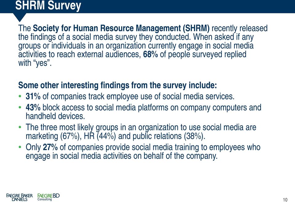 Some other interesting findings from the survey include: 31% of companies track employee use of social media services.
