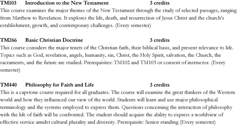 (Every semester) TM266 Basic Christian Doctrine 3 credits This course considers the major tenets of the Christian faith, their biblical basis, and present relevance to life.