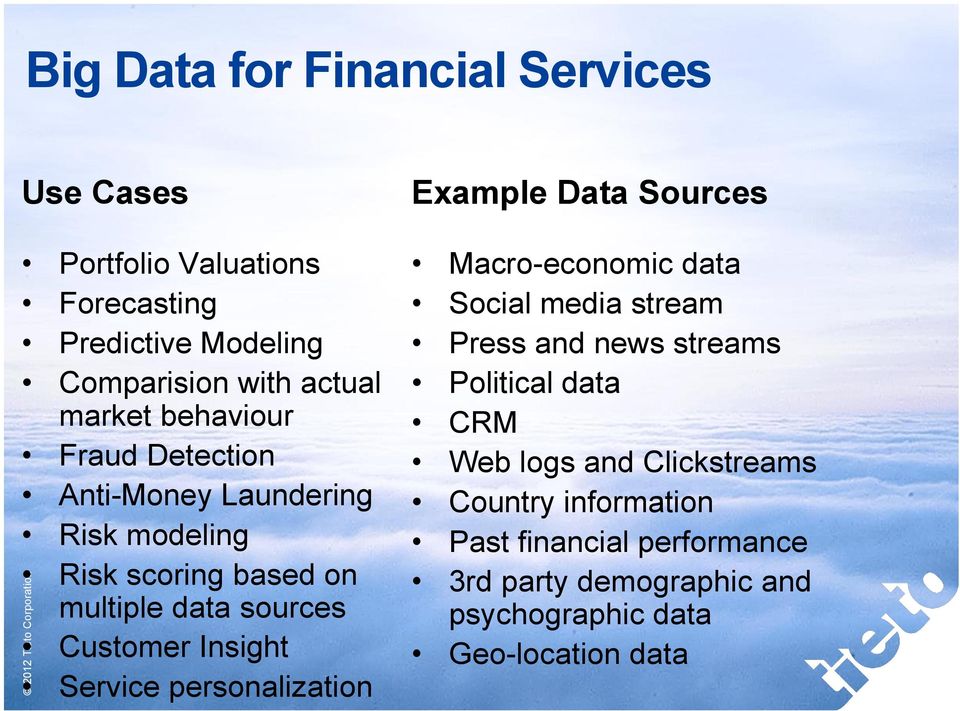 Insight Service personalization Example Data Sources Macro-economic data Social media stream Press and news streams Political data