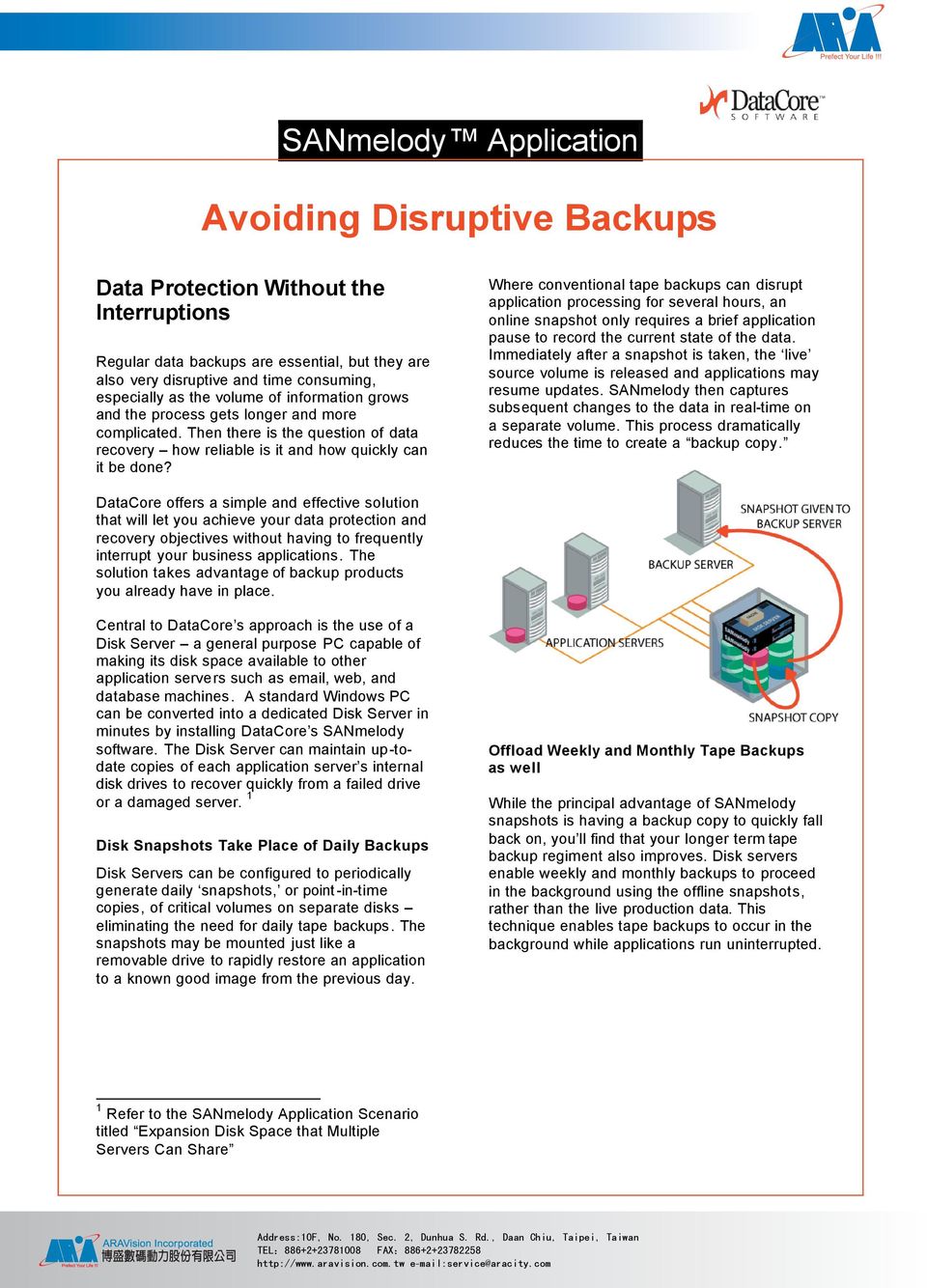 Where conventional tape backups can disrupt application processing for several hours, an online snapshot only requires a brief application pause to record the current state of the data.