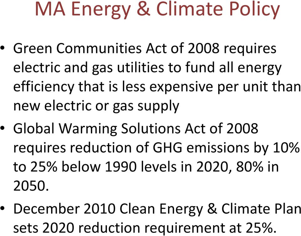 Warming Solutions Act of 2008 requires reduction of GHG emissions by 10% to 25% below 1990 levels