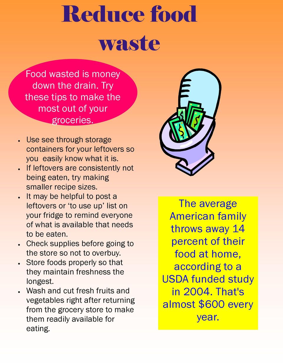 It may be helpful to post a leftovers or to use up list on your fridge to remind everyone of what is available that needs to be eaten. Check supplies before going to the store so not to overbuy.