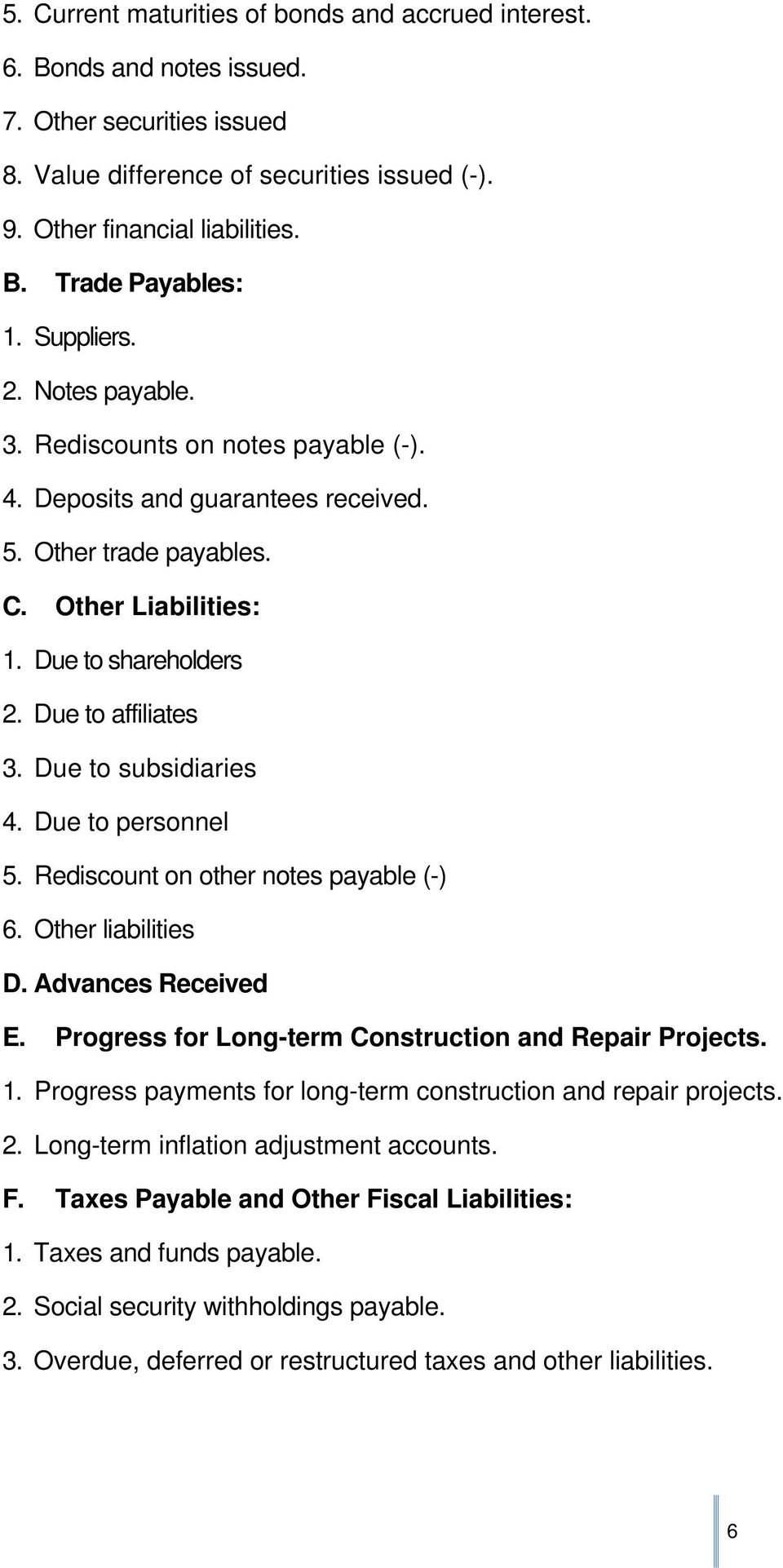 Due to subsidiaries 4. Due to personnel 5. Rediscount on other notes payable (-) 6. Other liabilities D. Advances Received E. Progress for Long-term Construction and Repair Projects. 1.