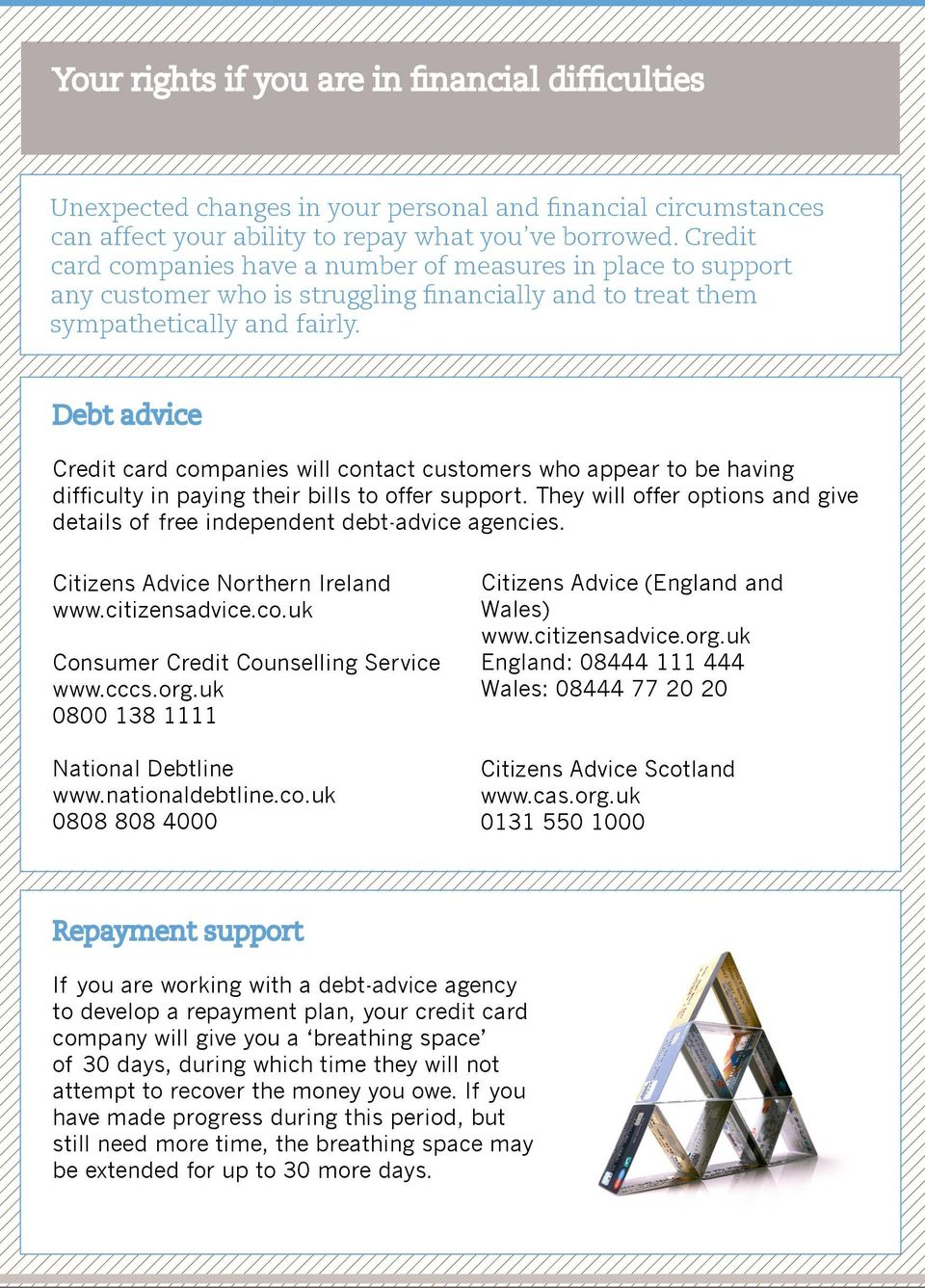 Debt advice Credit card companies will contact customers who appear to be having difficulty in paying their bills to offer support.