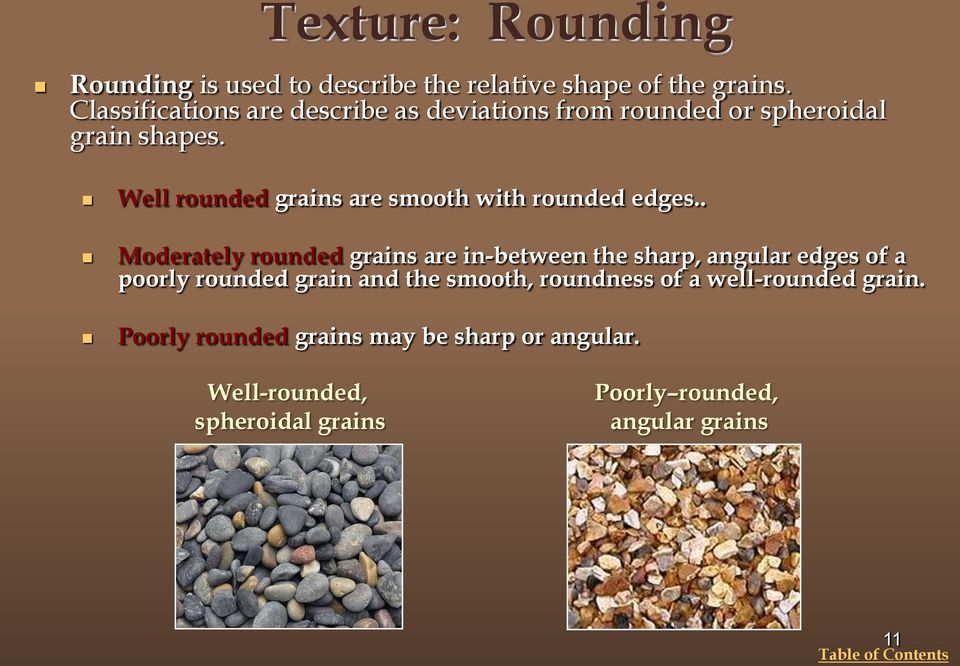 Well rounded grains are smooth with rounded edges.