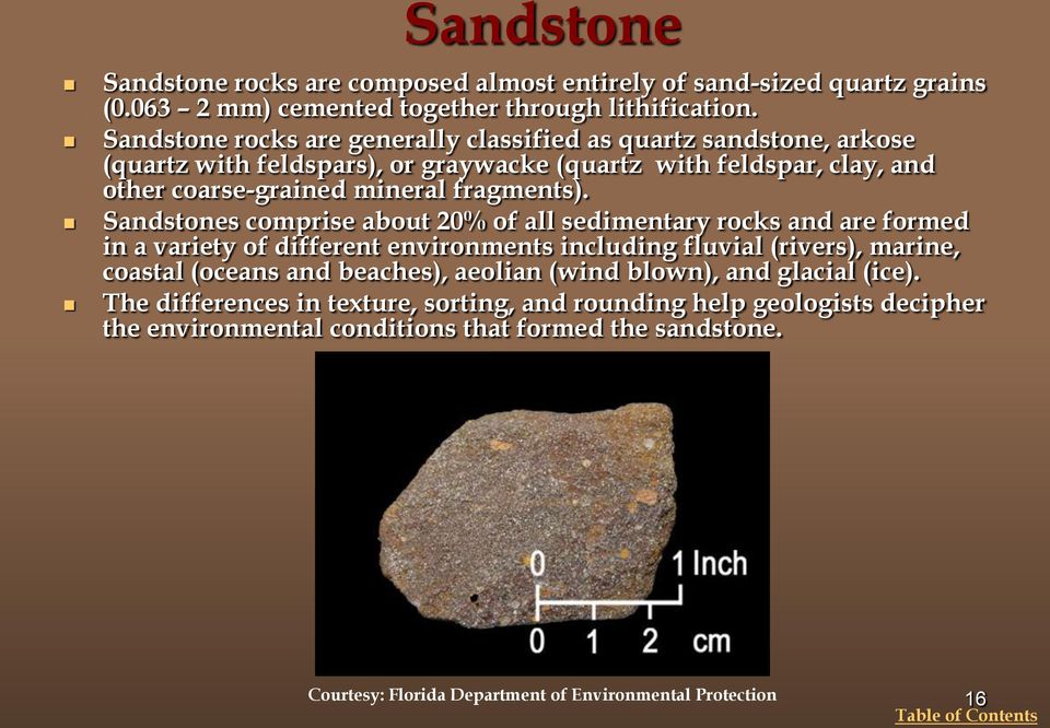 Sandstones comprise about 20% of all sedimentary rocks and are formed in a variety of different environments including fluvial (rivers), marine, coastal (oceans and beaches),