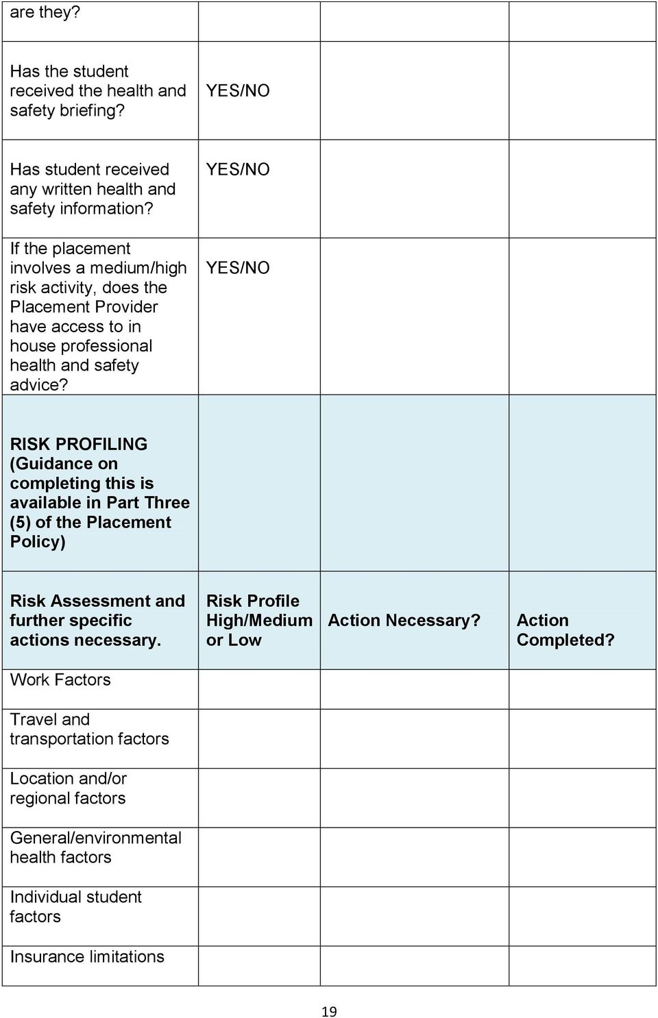 RISK PROFILING (Guidance on completing this is available in Part Three (5) of the Placement Policy) Risk Assessment and further specific actions necessary.