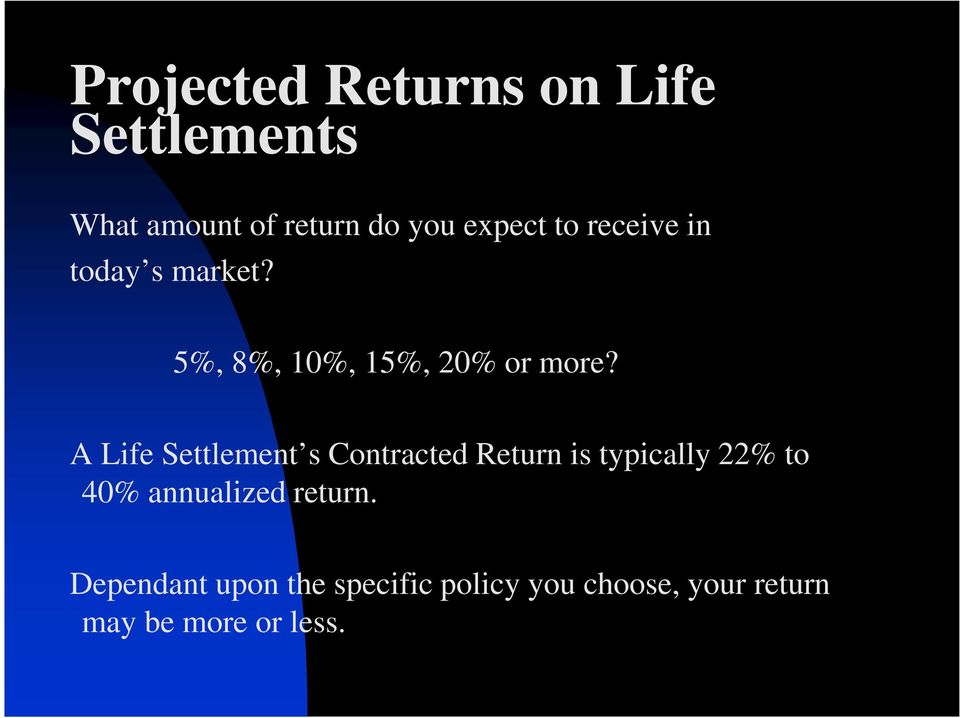 A Life Settlement s Contracted Return is typically 22% to 40% annualized