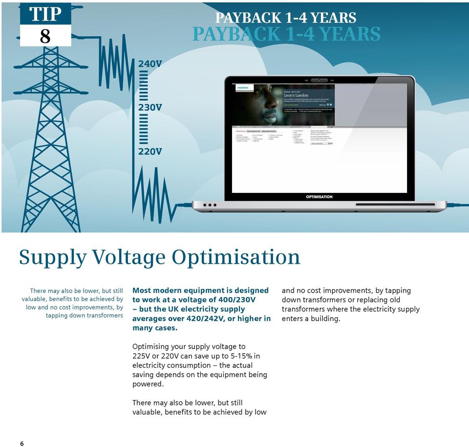 cases. Optimising your supply voltage to 225V or 220V can save up to 5-15% in electricity consumption the actual saving depends on the equipment being powered.