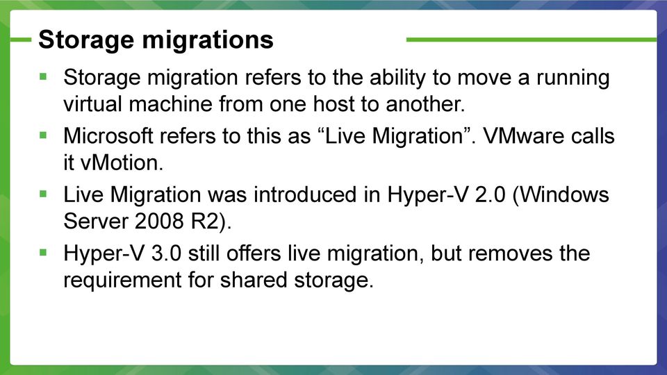 VMware calls it vmotion. Live Migration was introduced in Hyper-V 2.