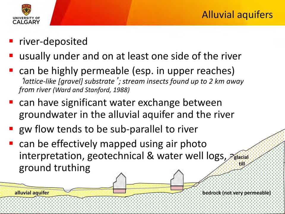 significant water exchange between groundwater in the alluvial aquifer and the river gw flow tends to be sub-parallel to river can be