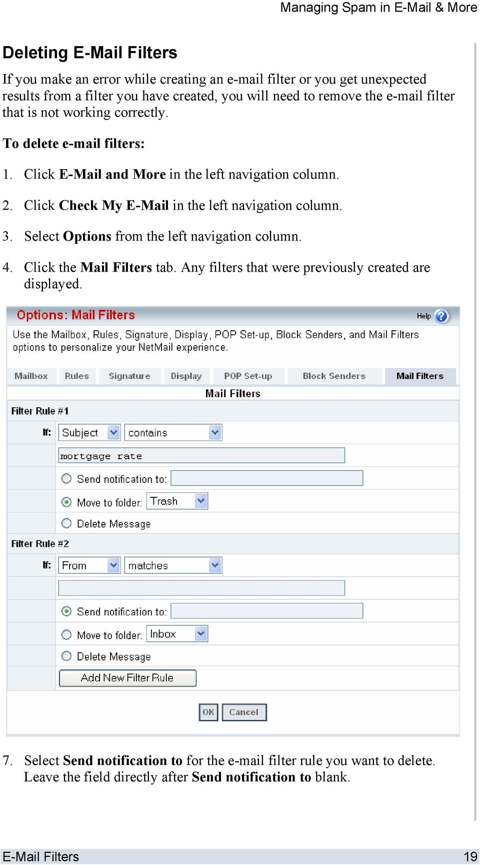Click Check My E-Mail in the left navigation column. 3. Select Options from the left navigation column. 4. Click the Mail Filters tab.