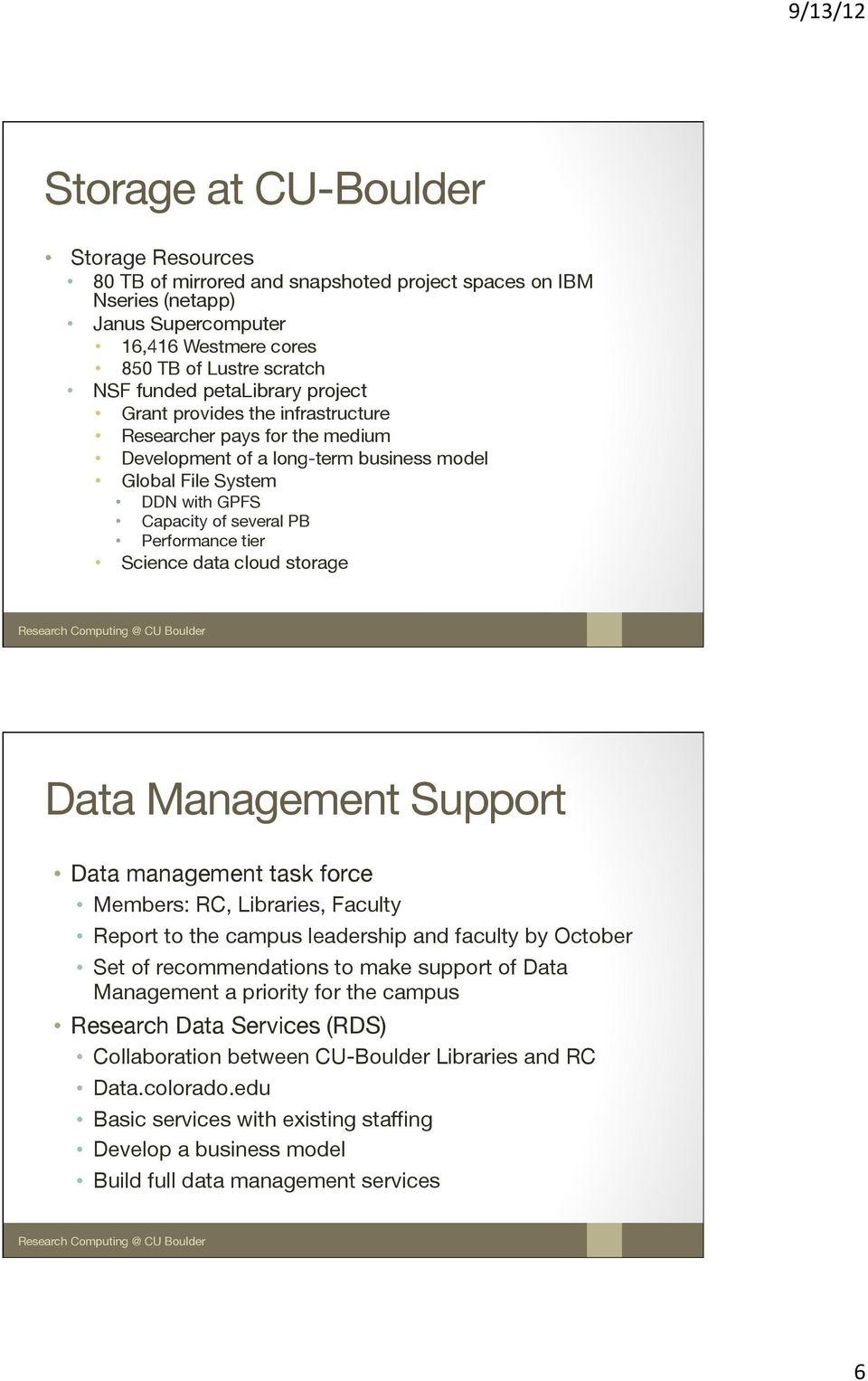 Science data cloud storage Data Management Support Data management task force Members: RC, Libraries, Faculty Report to the campus leadership and faculty by October Set of recommendations to make