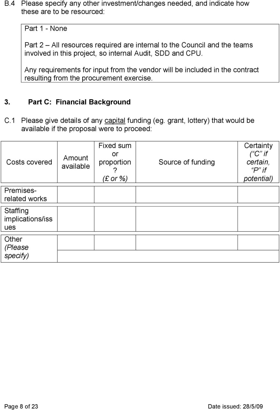 Part C: Financial Background C.1 Please give details of any capital funding (eg.