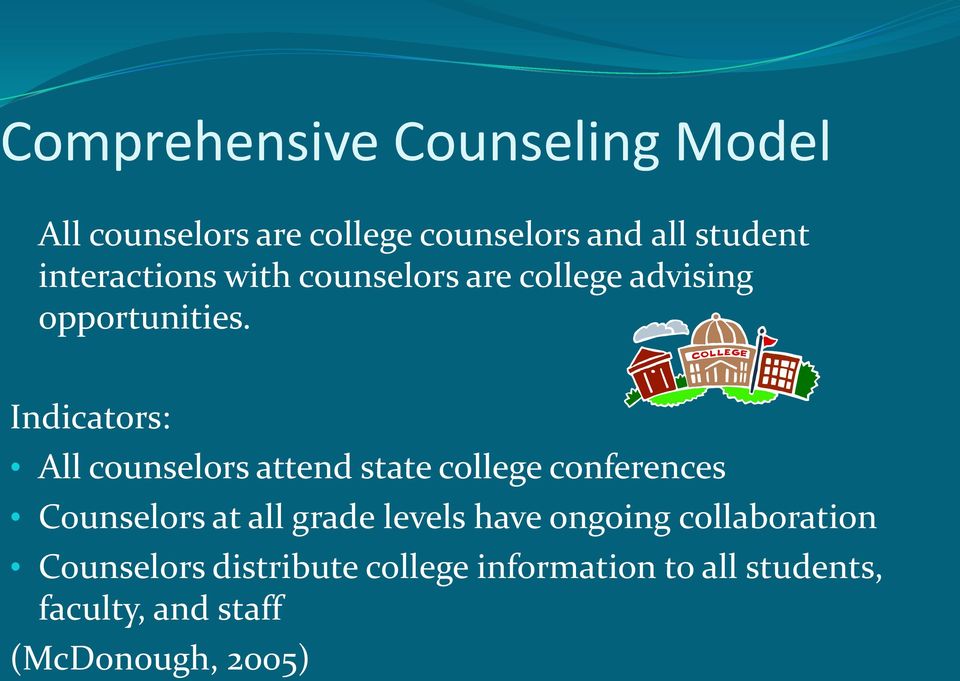 Indicators: All counselors attend state college conferences Counselors at all grade levels