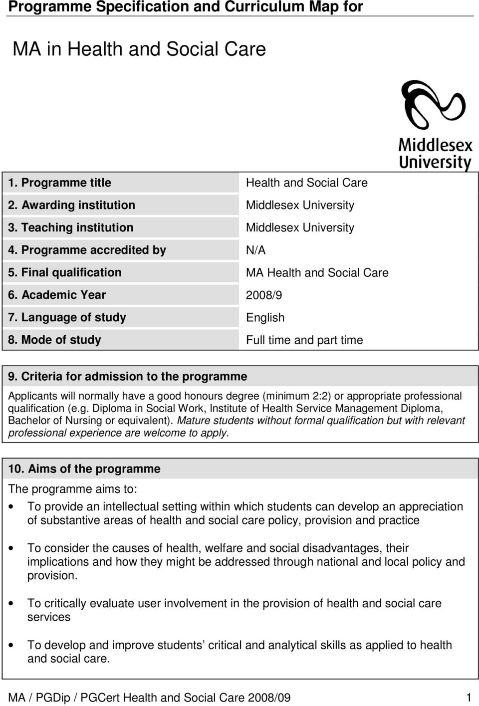 Mode of study Full time and part time 9. Criteria for admission to the programme Applicants will normally have a good honours degree (minimum 2:2) or appropriate professional qualification (e.g. Diploma in Social Work, Institute of Health Service Management Diploma, Bachelor of Nursing or equivalent).