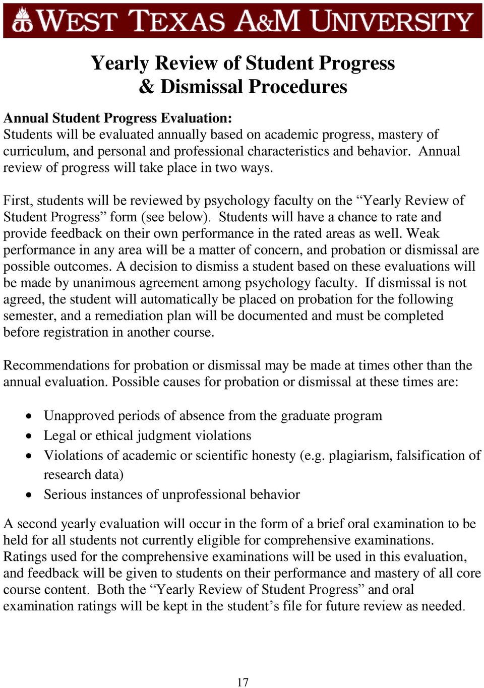 First, students will be reviewed by psychology faculty on the Yearly Review of Student Progress form (see below).