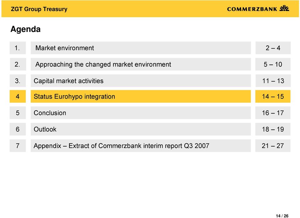 Capital market activities 11 13 4 Status Eurohypo integration 14