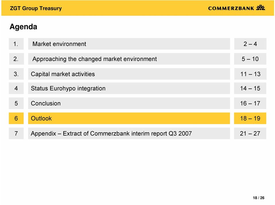 Capital market activities 11 13 4 Status Eurohypo integration 14