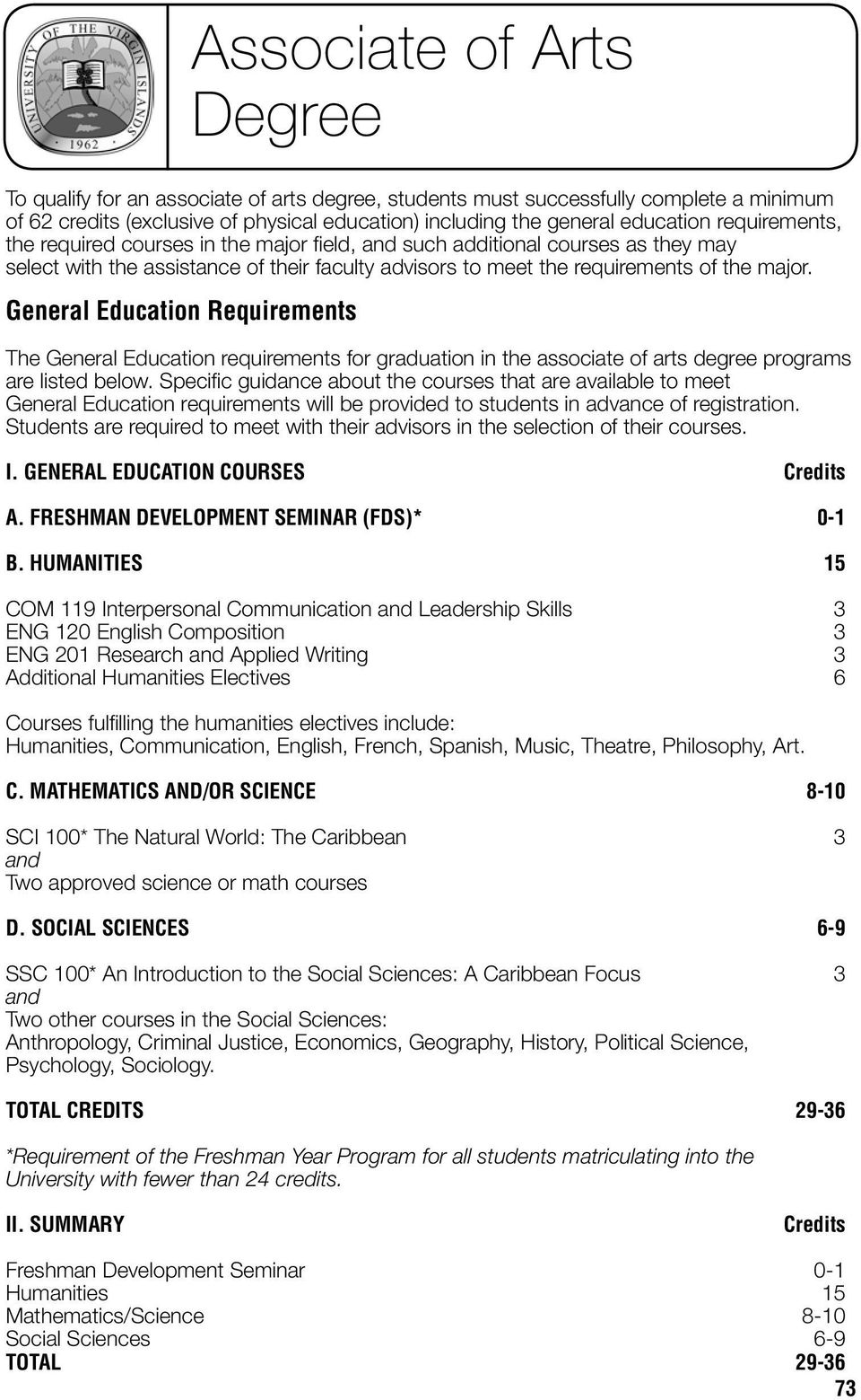 General Education Requirements Associate of Arts Degree The General Education requirements for graduation in the associate of arts degree programs are listed below.