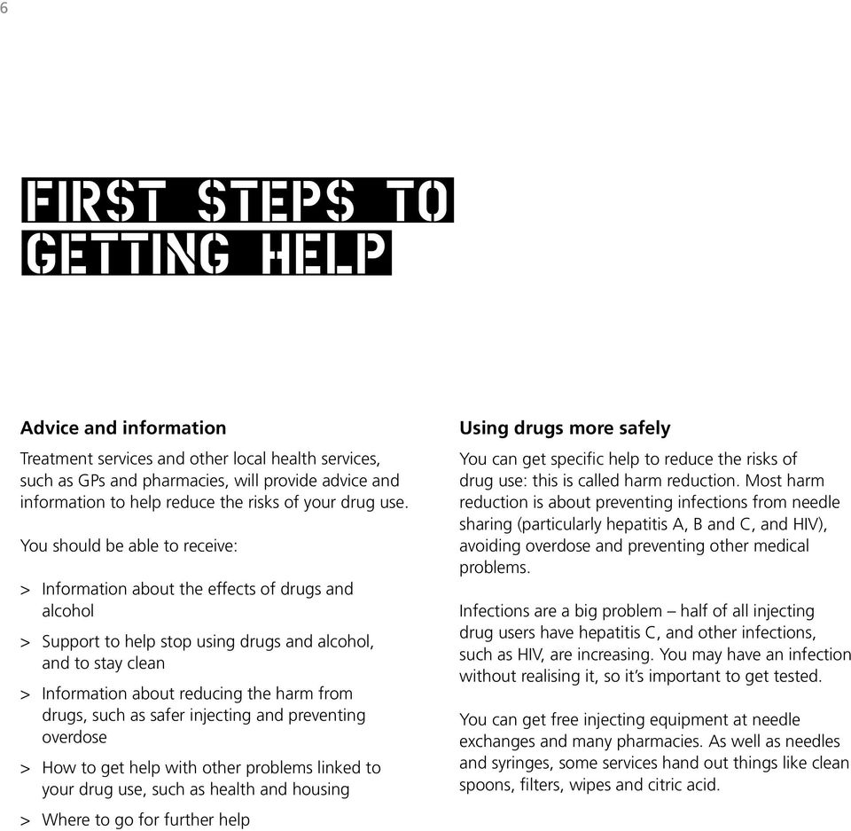 You should be able to receive: > Information about the effects of drugs and alcohol > Support to help stop using drugs and alcohol, and to stay clean > Information about reducing the harm from drugs,