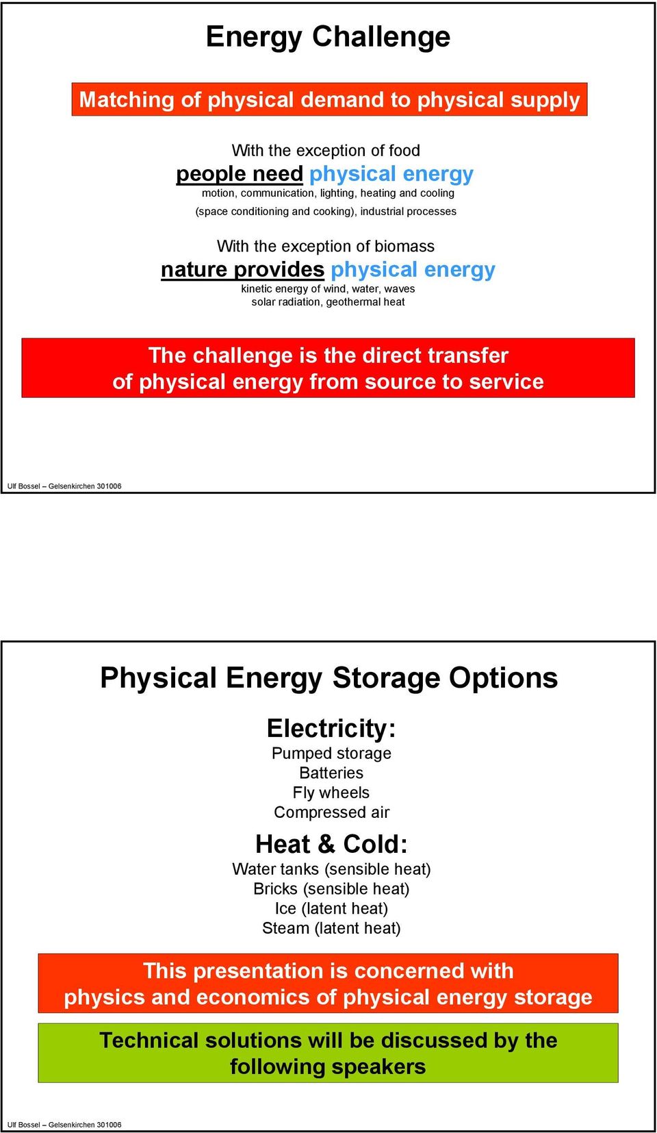 transfer of physical energy from source to service Physical Energy Storage Options Electricity: Pumped storage Batteries Fly wheels Compressed air Heat & Cold: Water tanks (sensible heat) Bricks