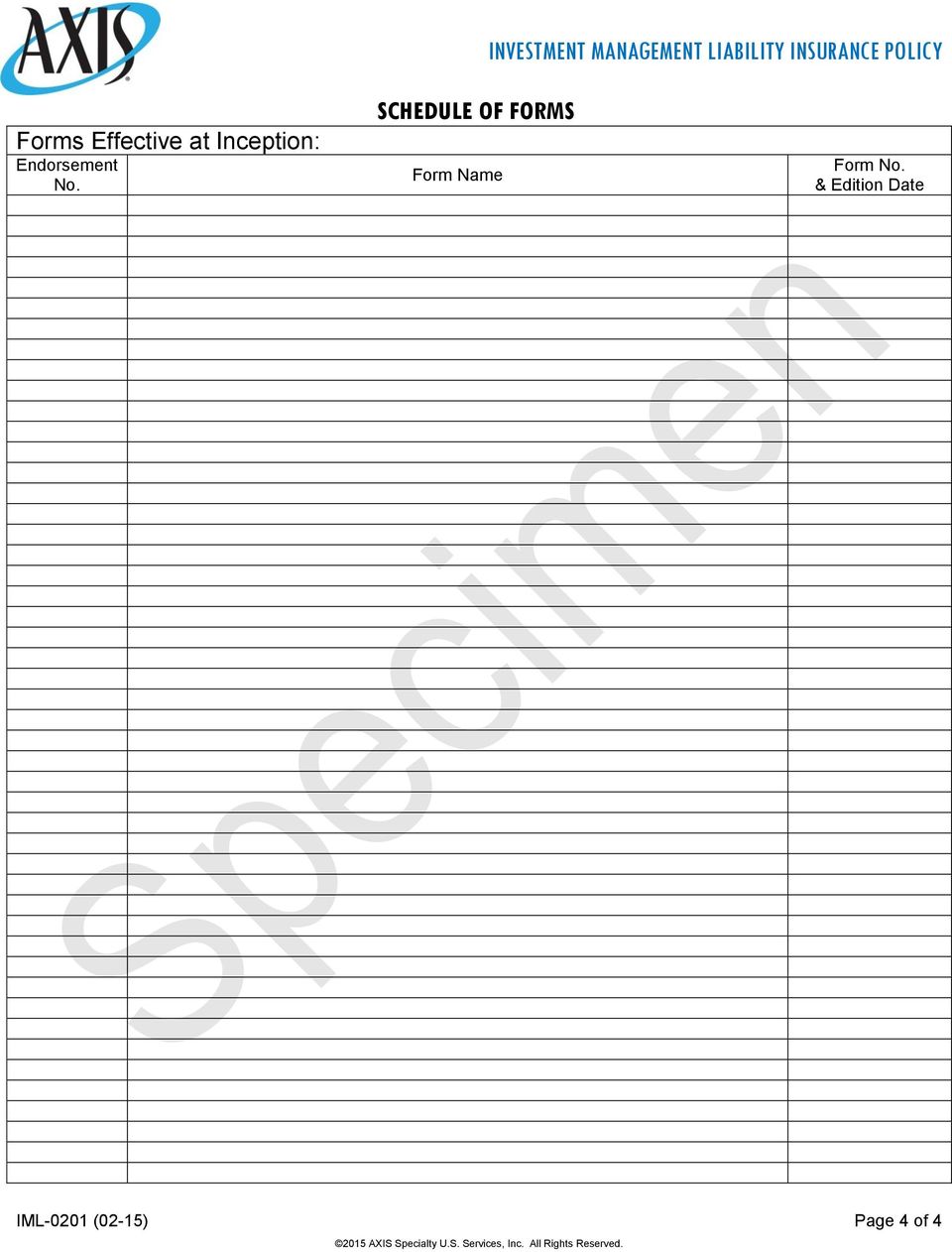 SCHEDULE OF FORMS Form Name
