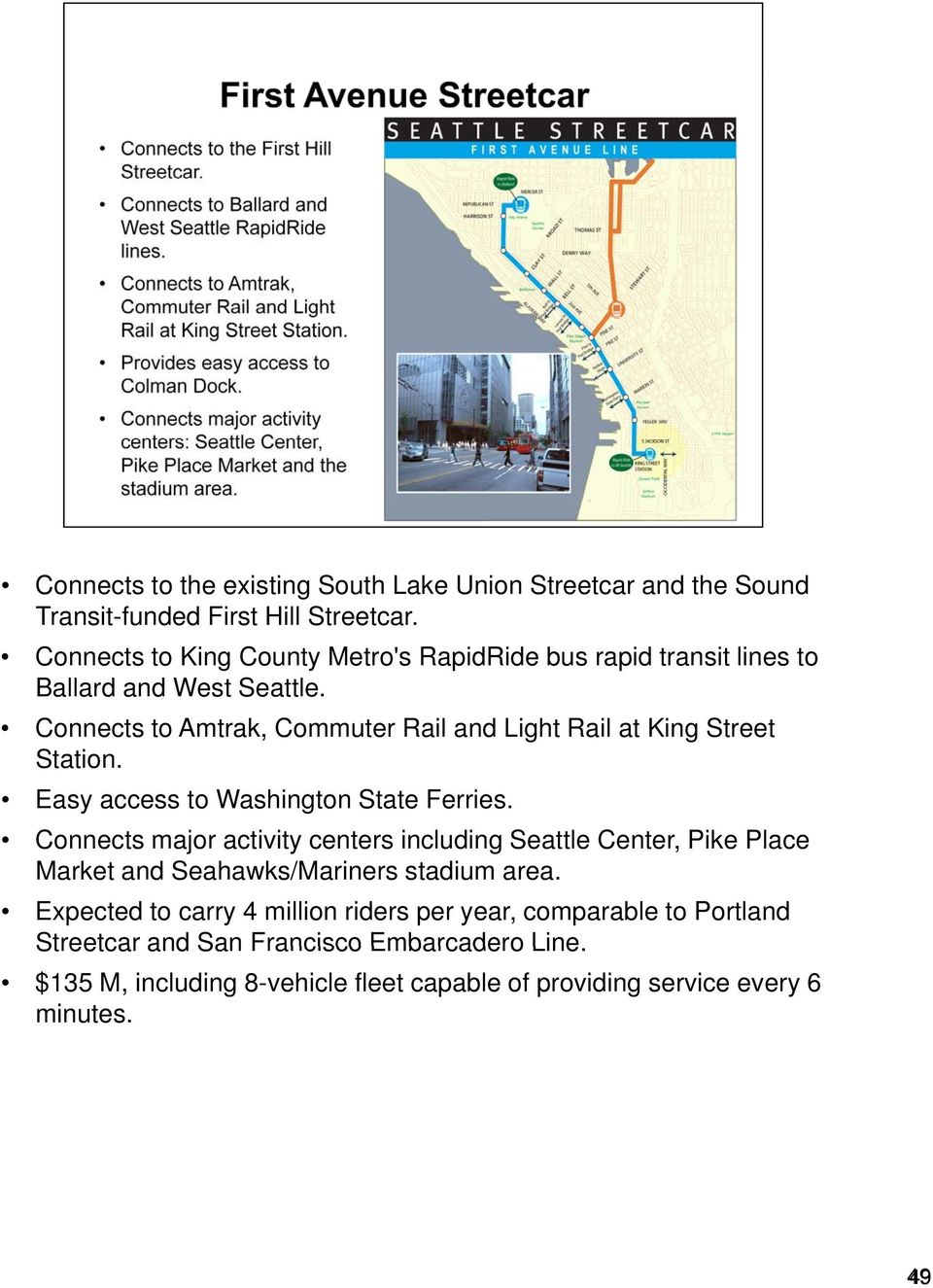 Connects to Amtrak, Commuter Rail and Light Rail at King Street Station. Easy access to Washington State Ferries.