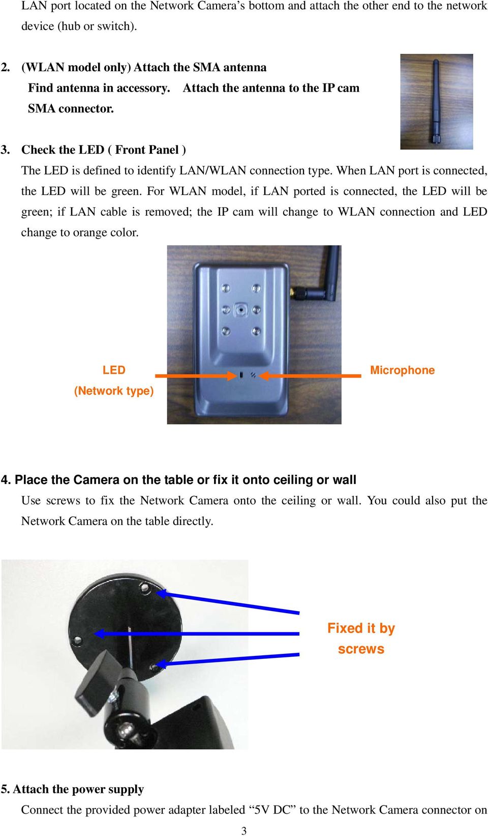 For WLAN model, if LAN ported is connected, the LED will be green; if LAN cable is removed; the IP cam will change to WLAN connection and LED change to orange color. LED (Network type) Microphone 4.