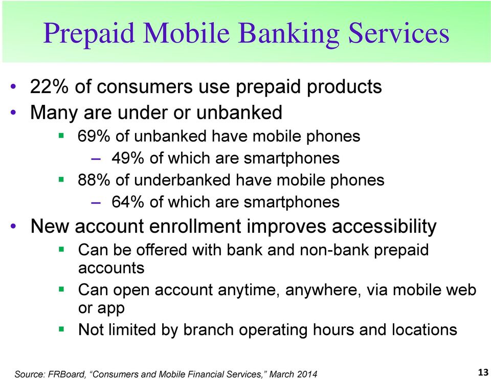 improves accessibility Can be offered with bank and non-bank prepaid accounts Can open account anytime, anywhere, via mobile