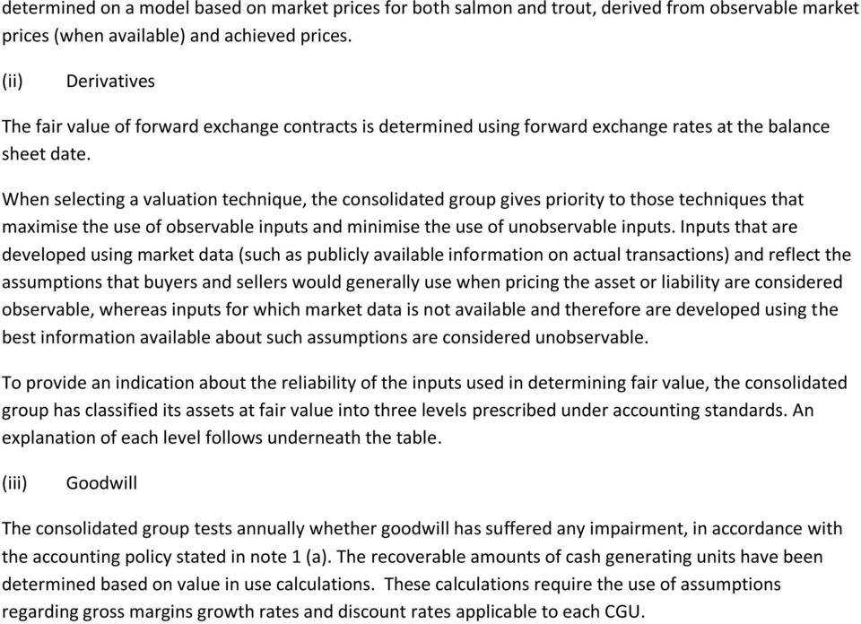 When selecting a valuation technique, the consolidated group gives priority to those techniques that maximise the use of observable inputs and minimise the use of unobservable inputs.