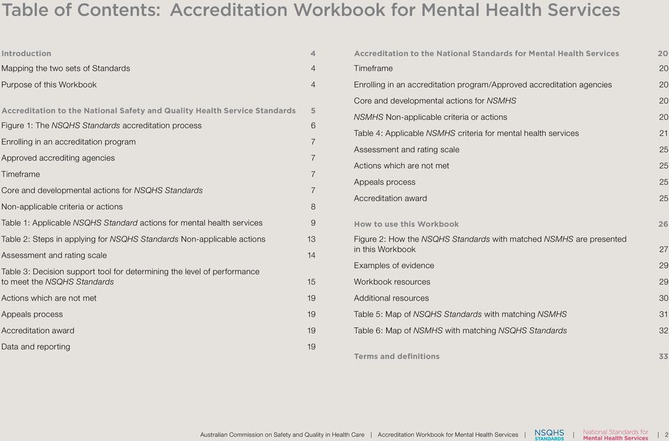 NSQHS Standards 7 Non- criteria or actions 8 Table 1: Applicable NSQHS Standard actions for mental health services 9 Table 2: Steps in applying for NSQHS Standards Non- actions 13 Assessment and