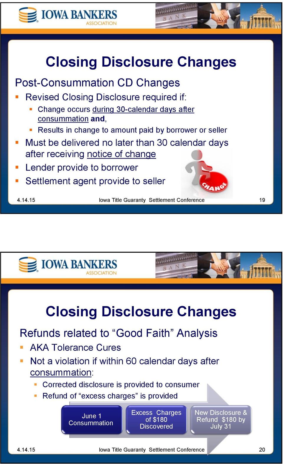 provide to seller 19 Closing Disclosure Changes Refunds related to Good Faith Analysis AKA Tolerance Cures Not a violation if within 60 calendar days after consummation: