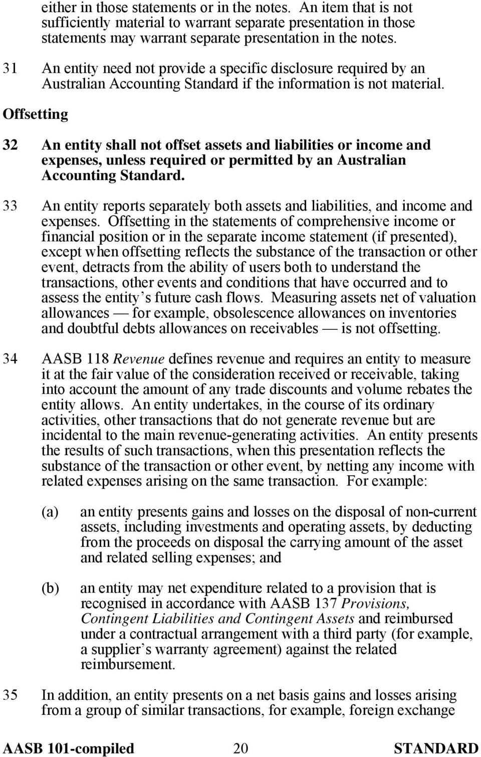Offsetting 32 An entity shall not offset assets and liabilities or income and expenses, unless required or permitted by an Australian Accounting Standard.