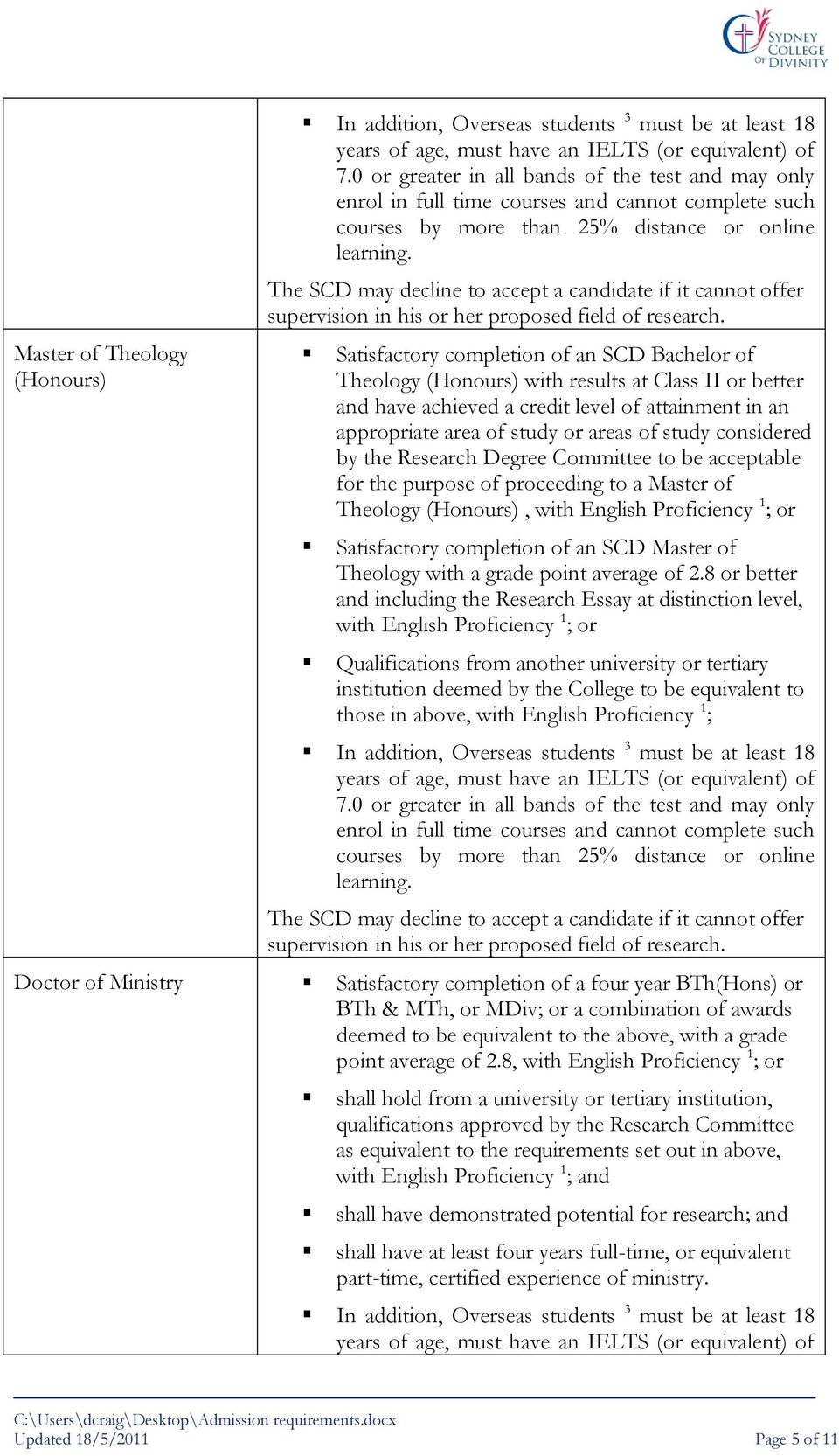 considered by the Research Degree Committee to be acceptable for the purpose of proceeding to a Master of Theology (Honours), with English Proficiency 1 ; or Satisfactory completion of an SCD Master