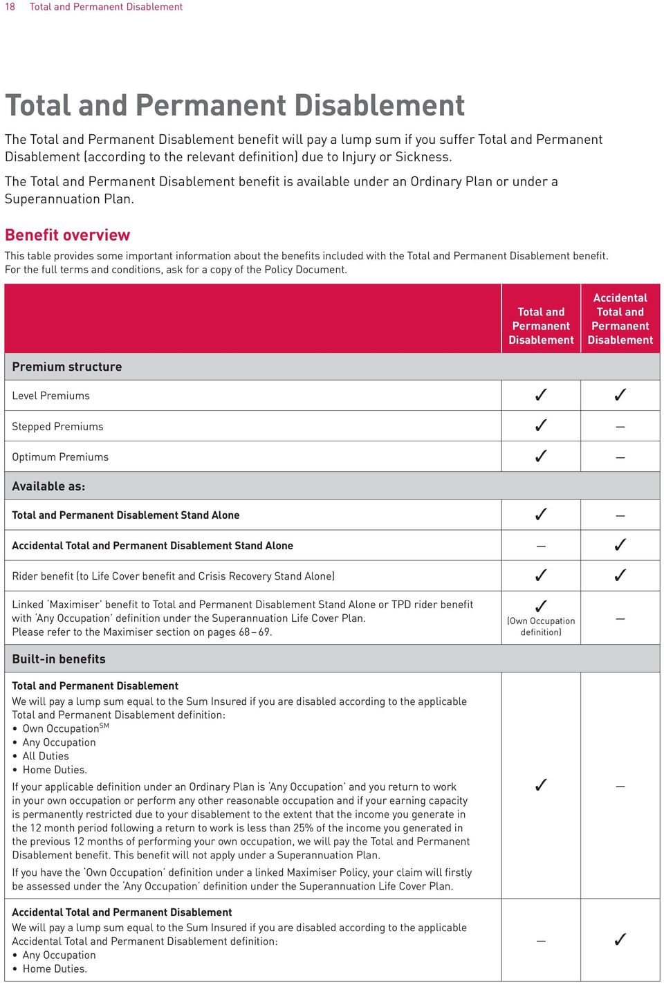 Benefit overview This table provides some important information about the benefits included with the Total and Permanent Disablement benefit.