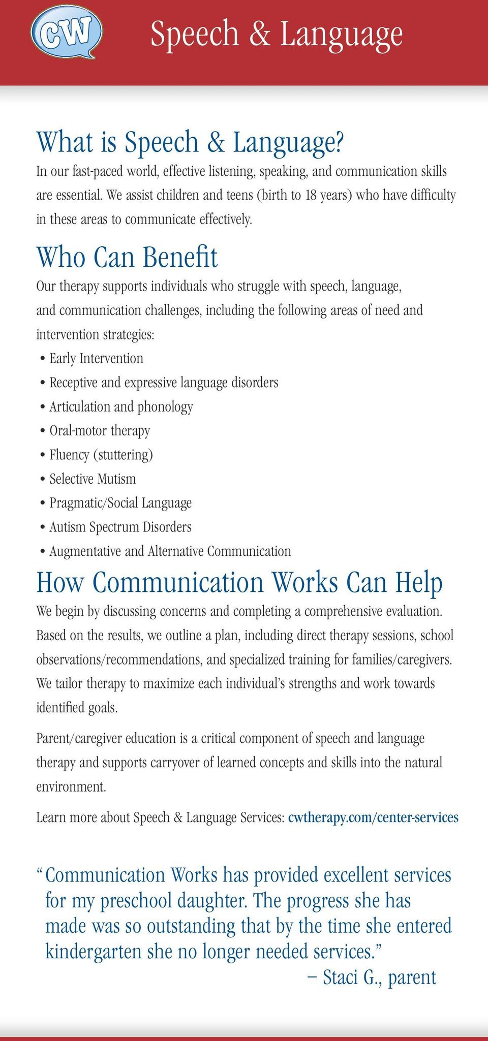 Who Can Benefit Our therapy supports individuals who struggle with speech, language, and communication challenges, including the following areas of need and intervention strategies: Early