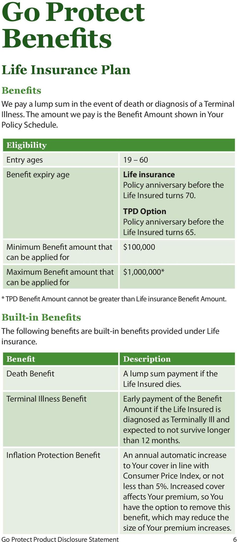 turns 70. TPD Option Policy anniversary before the Life Insured turns 65. $100,000 $1,000,000* * TPD Benefit Amount cannot be greater than Life insurance Benefit Amount.