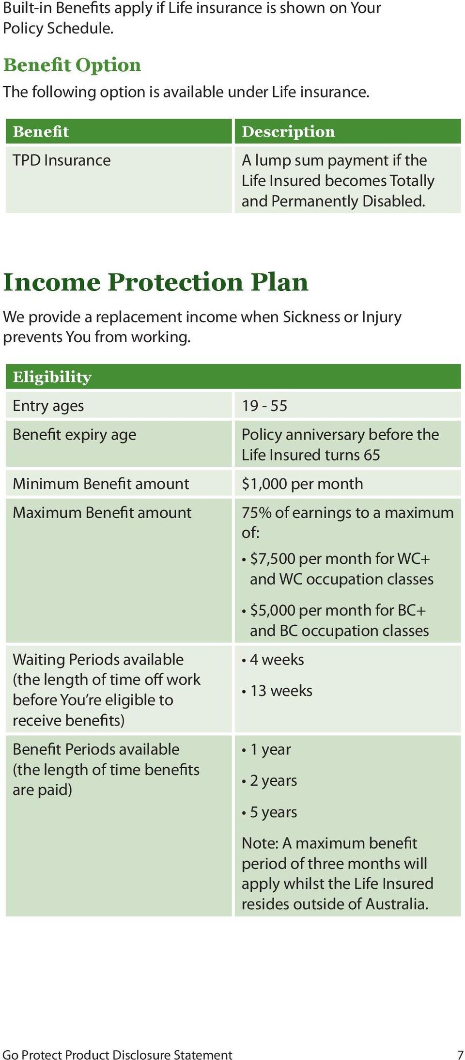 Income Protection Plan We provide a replacement income when Sickness or Injury prevents You from working.