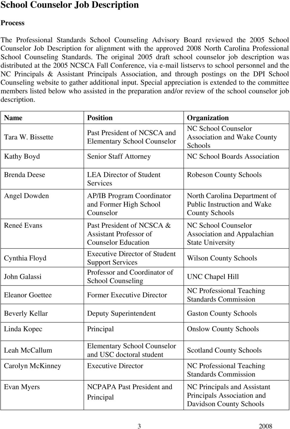 The original 2005 draft school counselor job description was distributed at the 2005 NCSCA Fall Conference, via e-mail listservs to school personnel and the NC Principals & Assistant Principals