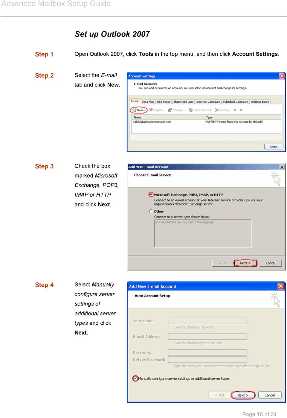 Step 3 Check the box marked Microsoft Exchange, POP3, IMAP or HTTP and click Next.