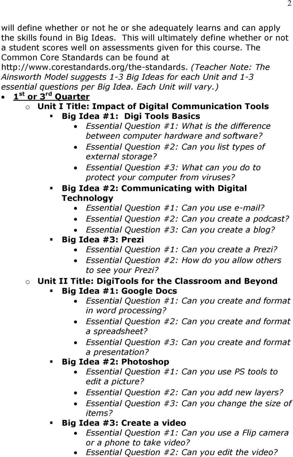 (Teacher Note: The Ainsworth Model suggests 1-3 Big Ideas for each Unit and 1-3 essential questions per Big Idea. Each Unit will vary.
