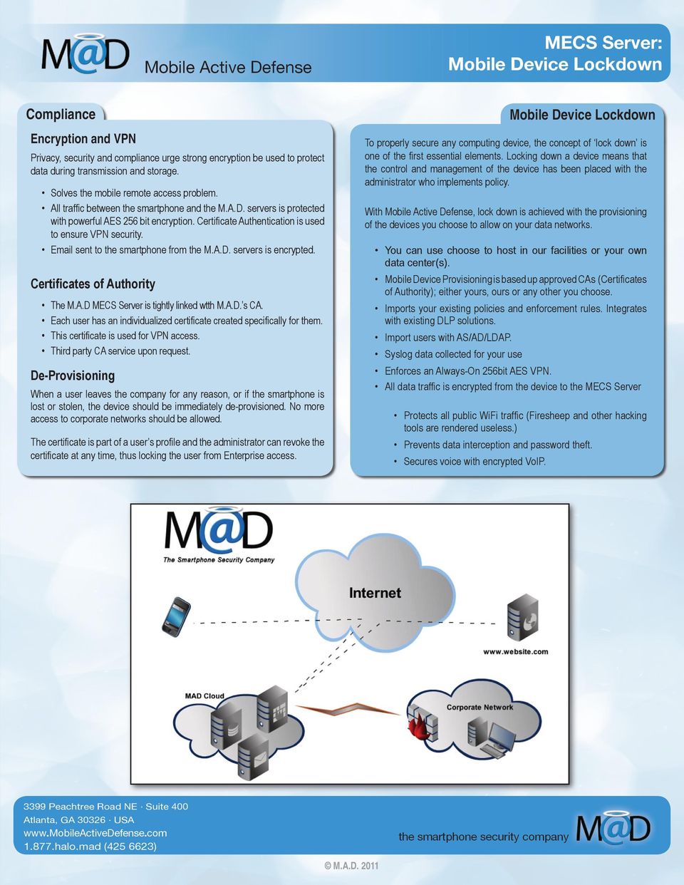 Certificate Authentication is used to ensure VPN security. Email sent to the smartphone from the M.A.D. servers is encrypted. Certificates of Authority The M.A.D MECS Server is tightly linked wtth M.